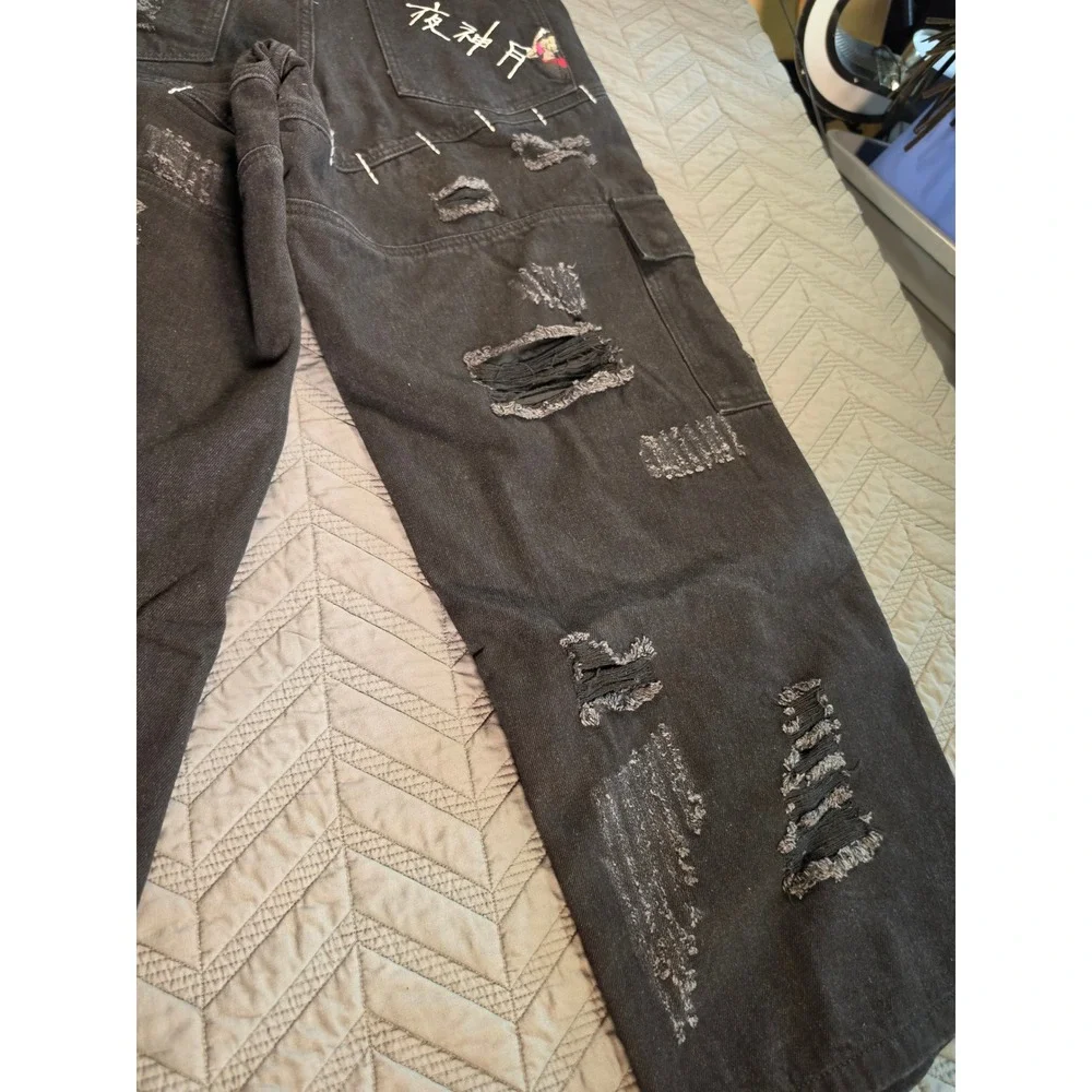 Sora Cruel Fate Distressed Cargo Pants Black Denim Heart Embroidery Mens Large